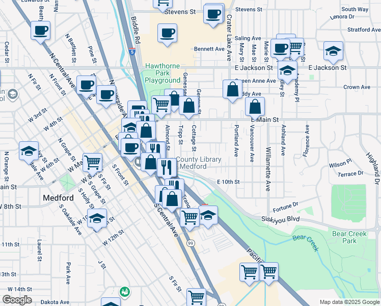 map of restaurants, bars, coffee shops, grocery stores, and more near 125 Cottage Street in Medford