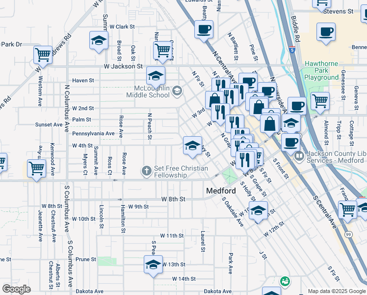 map of restaurants, bars, coffee shops, grocery stores, and more near 211 North Oakdale Avenue in Medford