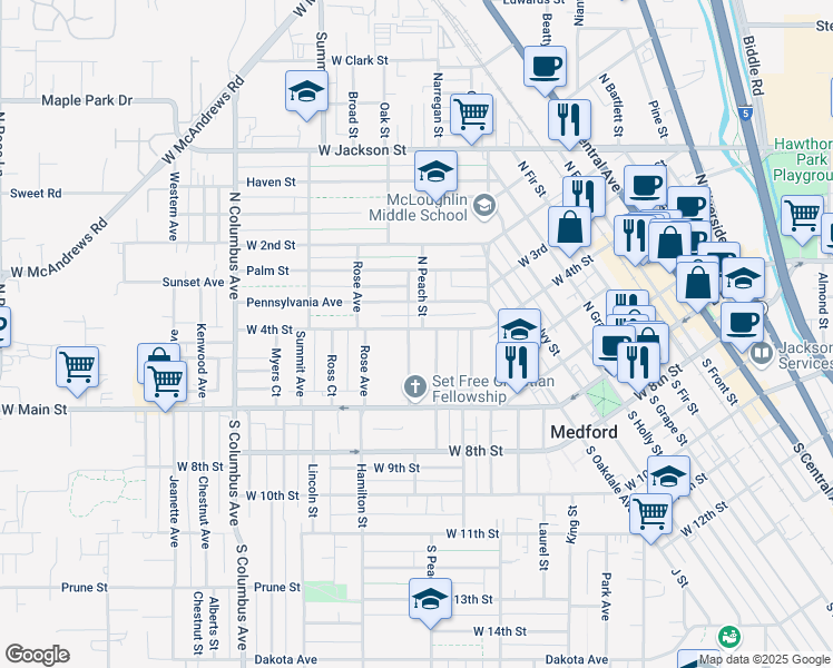 map of restaurants, bars, coffee shops, grocery stores, and more near in Medford