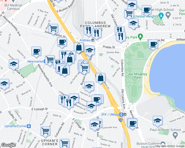map of restaurants, bars, coffee shops, grocery stores, and more near 26 Washburn Street in Boston