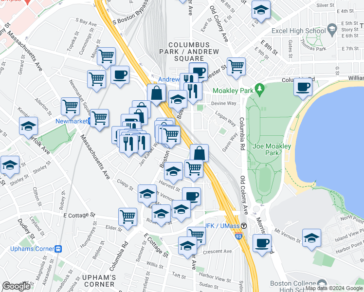 map of restaurants, bars, coffee shops, grocery stores, and more near 26 Washburn Street in Boston
