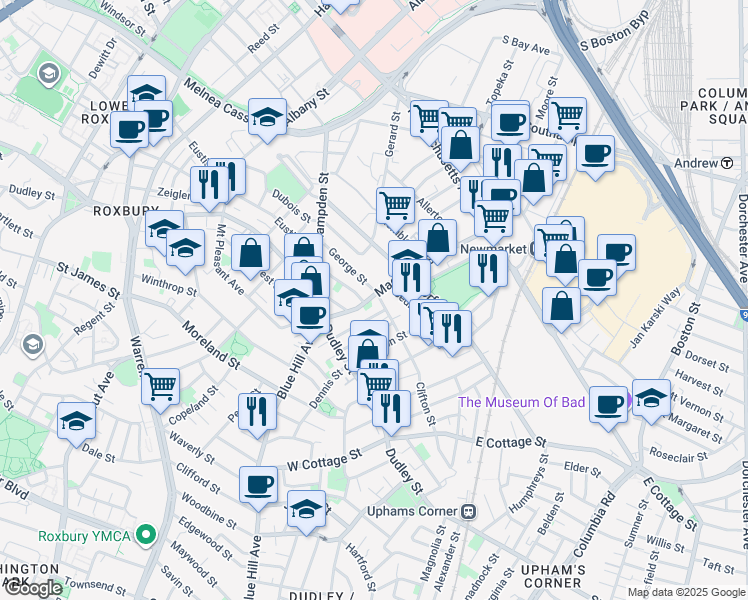 map of restaurants, bars, coffee shops, grocery stores, and more near 44 Woodward Avenue in Boston