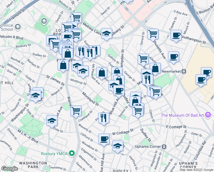 map of restaurants, bars, coffee shops, grocery stores, and more near 98 Mount Pleasant Avenue in Boston