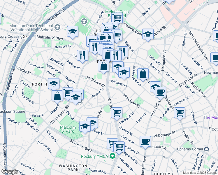 map of restaurants, bars, coffee shops, grocery stores, and more near 36 Dabney Place in Boston