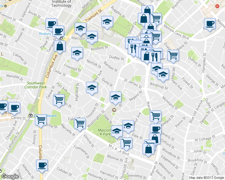 map of restaurants, bars, coffee shops, grocery stores, and more near 2599 Washington Street in Boston