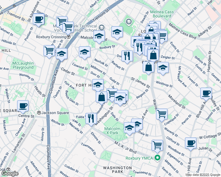map of restaurants, bars, coffee shops, grocery stores, and more near 38 Thornton Street in Boston