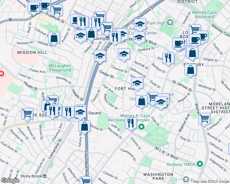 map of restaurants, bars, coffee shops, grocery stores, and more near 17 Fort Avenue in Boston