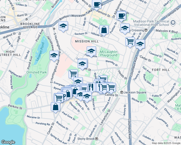 map of restaurants, bars, coffee shops, grocery stores, and more near 124 Minden Street in Boston