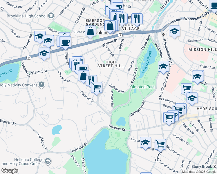 map of restaurants, bars, coffee shops, grocery stores, and more near 68 Jamaica Road in Brookline