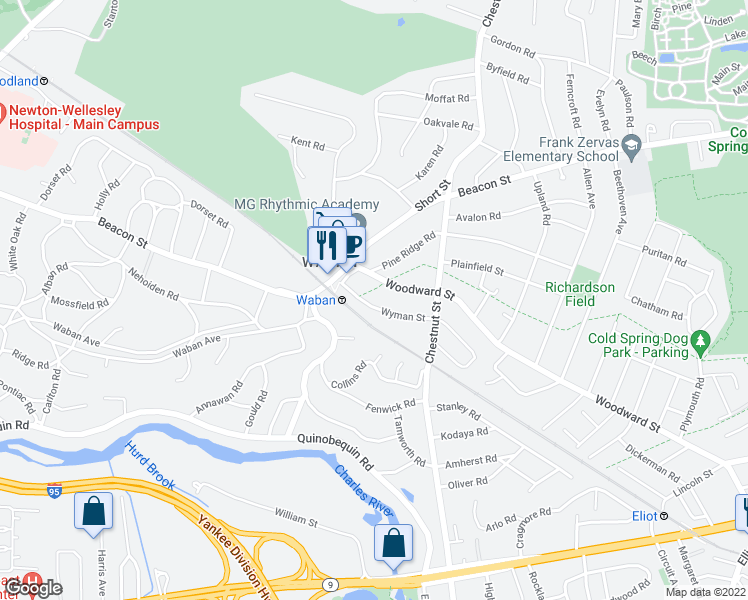 map of restaurants, bars, coffee shops, grocery stores, and more near 52 Wyman Street in Newton