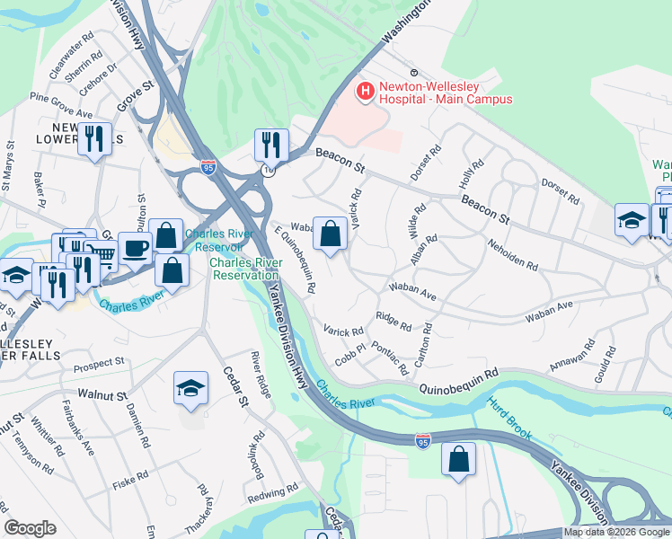 map of restaurants, bars, coffee shops, grocery stores, and more near 48 Palmer Road in Newton