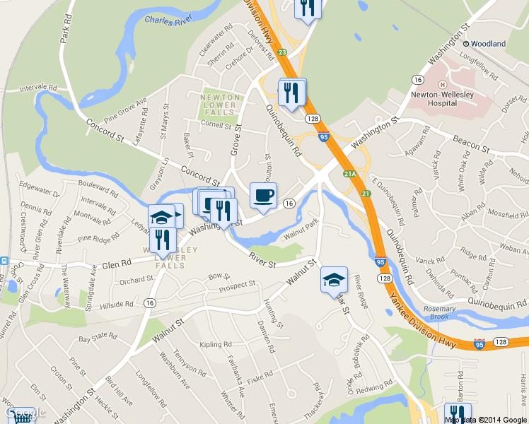 map of restaurants, bars, coffee shops, grocery stores, and more near 2310 Washington Street in Newton