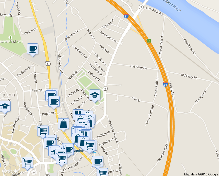 map of restaurants, bars, coffee shops, grocery stores, and more near 11 Fair Street in Northampton