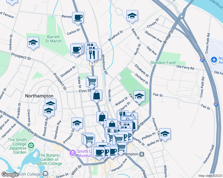 map of restaurants, bars, coffee shops, grocery stores, and more near 68 North Street in Northampton