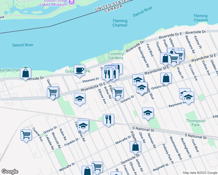 map of restaurants, bars, coffee shops, grocery stores, and more near in Windsor