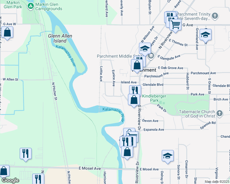map of restaurants, bars, coffee shops, grocery stores, and more near 426 Hercules Avenue in Parchment