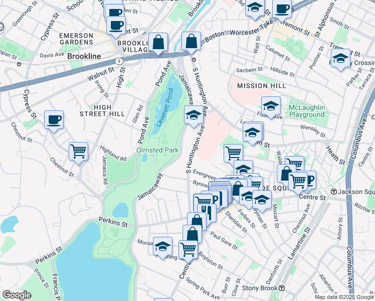 map of restaurants, bars, coffee shops, grocery stores, and more near 226 South Huntington Avenue in Boston
