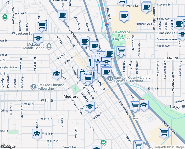 map of restaurants, bars, coffee shops, grocery stores, and more near 101 East 8th Street in Medford