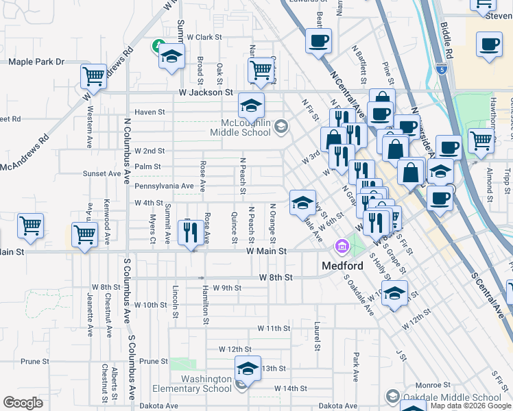 map of restaurants, bars, coffee shops, grocery stores, and more near 60 North Peach Street in Medford