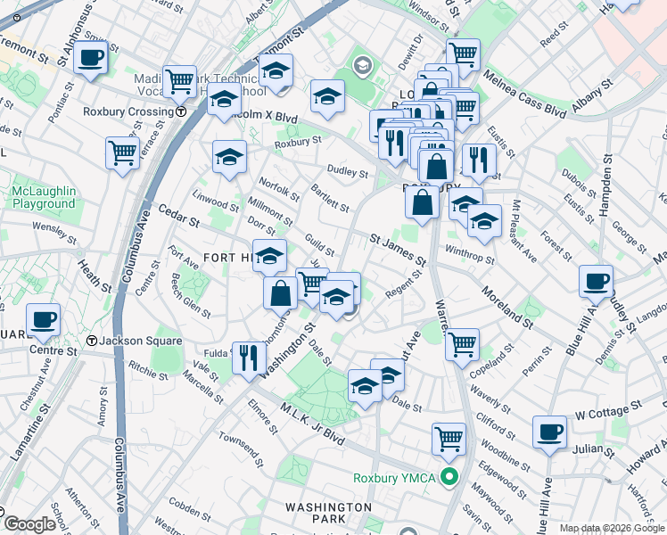 map of restaurants, bars, coffee shops, grocery stores, and more near 2599 Washington Street in Boston