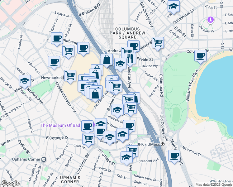 map of restaurants, bars, coffee shops, grocery stores, and more near 26 Washburn Street in Boston