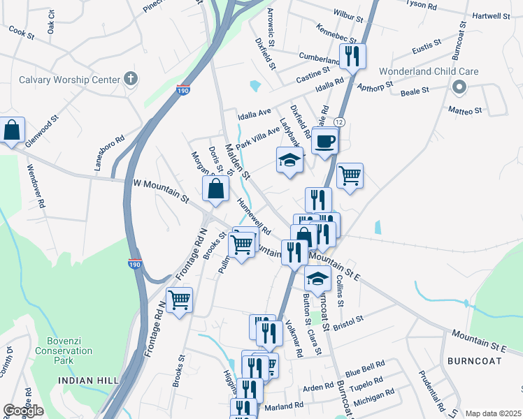 map of restaurants, bars, coffee shops, grocery stores, and more near Chambers Street in Worcester