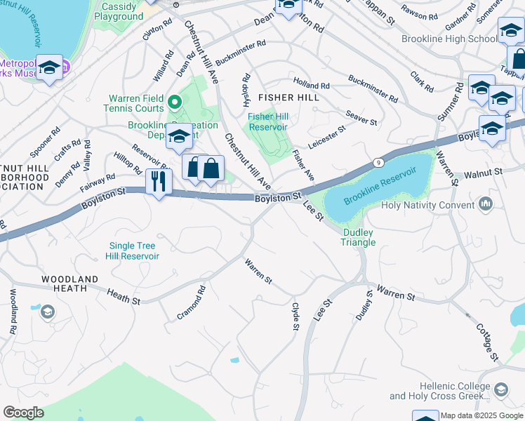 map of restaurants, bars, coffee shops, grocery stores, and more near 29 Heath Street in Brookline