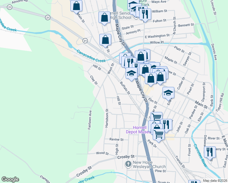 map of restaurants, bars, coffee shops, grocery stores, and more near 69 Hill Street in Hornell