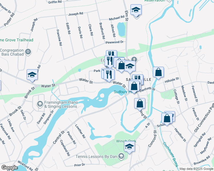 map of restaurants, bars, coffee shops, grocery stores, and more near 66 Water Street in Framingham