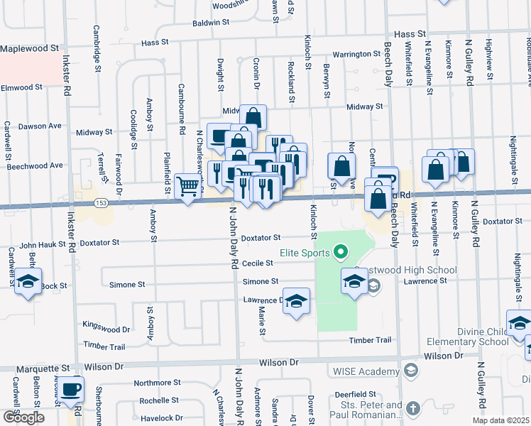 map of restaurants, bars, coffee shops, grocery stores, and more near 26429 Ford Road in Dearborn Heights
