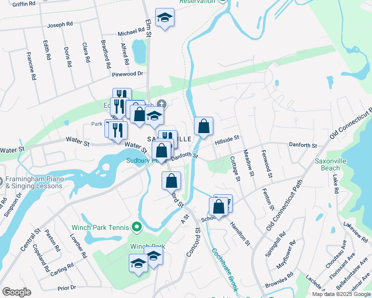 map of restaurants, bars, coffee shops, grocery stores, and more near 18 Danforth Street in Framingham