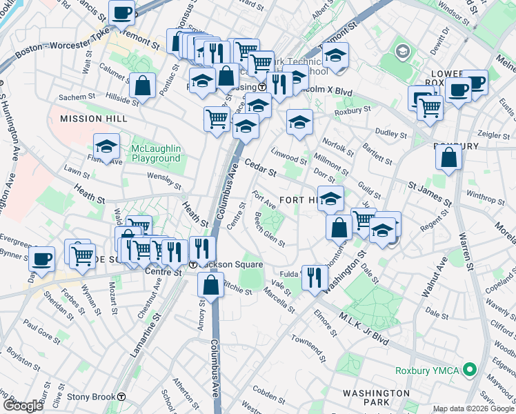 map of restaurants, bars, coffee shops, grocery stores, and more near 21 Beech Glen Street in Boston