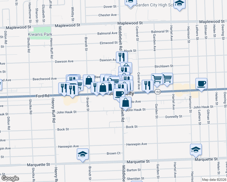 map of restaurants, bars, coffee shops, grocery stores, and more near 29447 Ford Road in Garden City