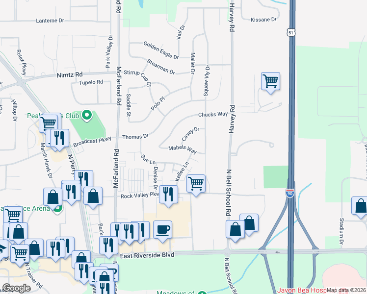 map of restaurants, bars, coffee shops, grocery stores, and more near 7231 Mabels Way in Loves Park