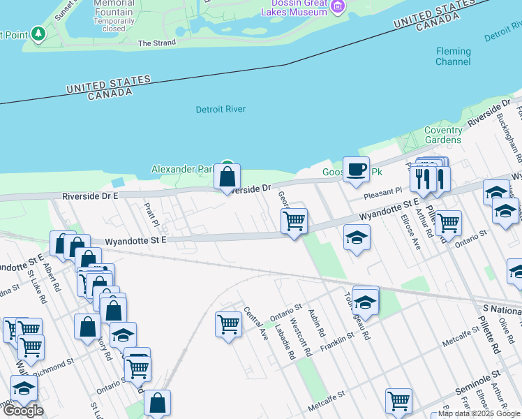 map of restaurants, bars, coffee shops, grocery stores, and more near 3905 Riverside Drive East in Windsor
