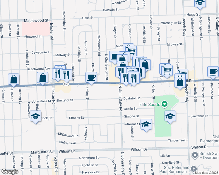 map of restaurants, bars, coffee shops, grocery stores, and more near 26751 Ford Road in Dearborn Heights