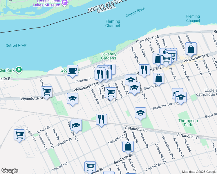 map of restaurants, bars, coffee shops, grocery stores, and more near 846 Lawrence Road in Windsor