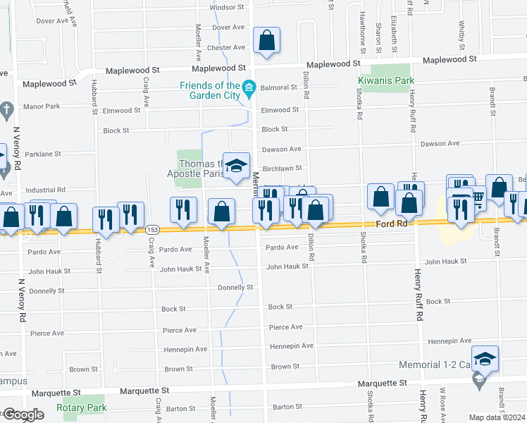 map of restaurants, bars, coffee shops, grocery stores, and more near 31365 Krauter Street in Garden City