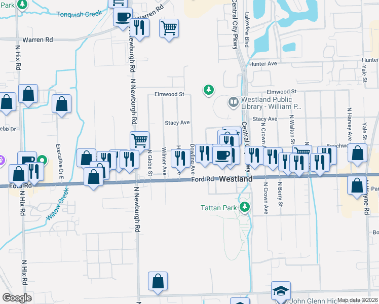 map of restaurants, bars, coffee shops, grocery stores, and more near 5746 Herbert Street in Westland