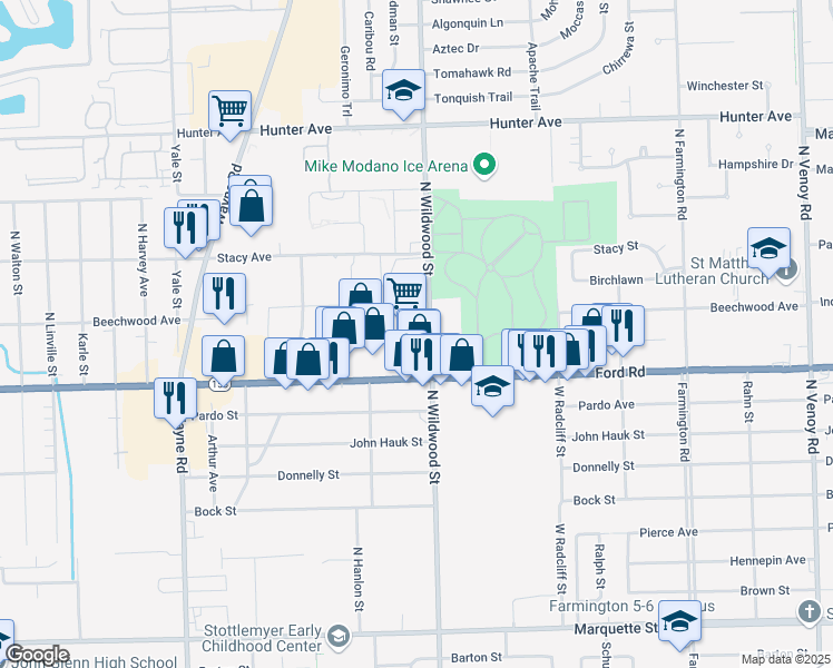 map of restaurants, bars, coffee shops, grocery stores, and more near 34414 Ford Road in Westland