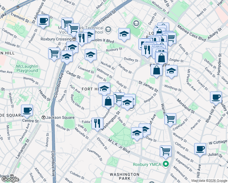 map of restaurants, bars, coffee shops, grocery stores, and more near 38 Thornton Street in Boston