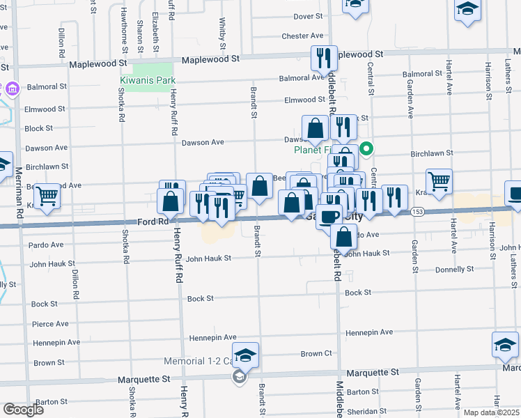 map of restaurants, bars, coffee shops, grocery stores, and more near 29866 Ford Road in Garden City