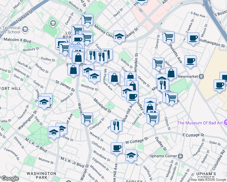 map of restaurants, bars, coffee shops, grocery stores, and more near Mount Pleasant Avenue in Boston