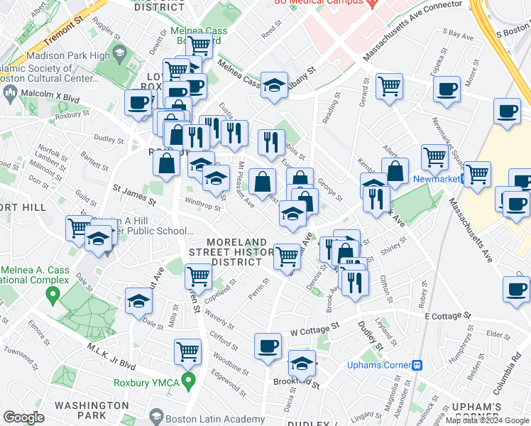 map of restaurants, bars, coffee shops, grocery stores, and more near 98 Mount Pleasant Avenue in Boston