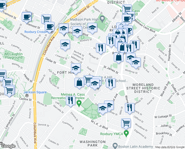 map of restaurants, bars, coffee shops, grocery stores, and more near 2599 Washington Street in Boston