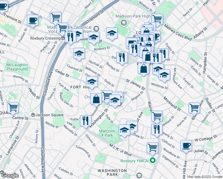 map of restaurants, bars, coffee shops, grocery stores, and more near 2599 Washington Street in Boston