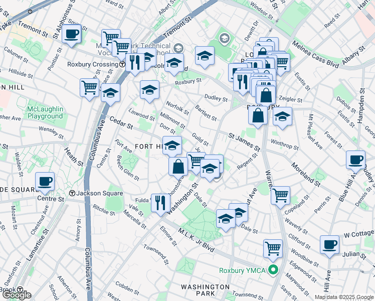 map of restaurants, bars, coffee shops, grocery stores, and more near 38 Thornton Street in Boston