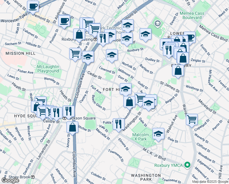 map of restaurants, bars, coffee shops, grocery stores, and more near in Boston
