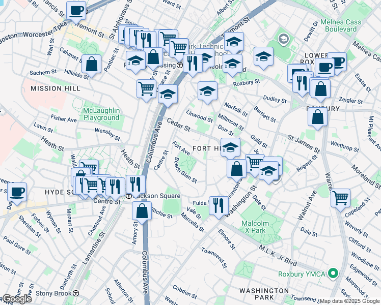 map of restaurants, bars, coffee shops, grocery stores, and more near 17 Fort Avenue in Boston