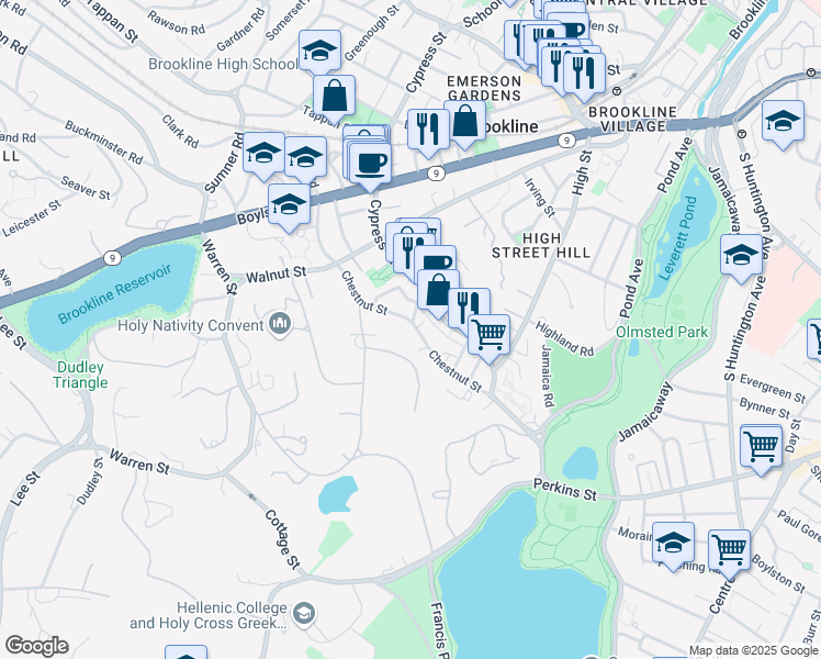 map of restaurants, bars, coffee shops, grocery stores, and more near 110 Chestnut Street in Brookline